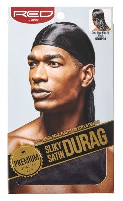 Kiss Red Durag Silky Satin Black Extra Long Tails (12in)